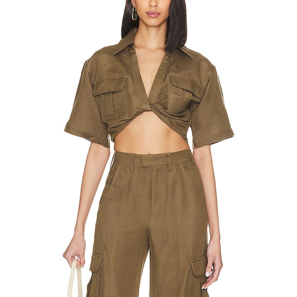 L'Academie 'The Chrisa' Green Linen Crop Blouse Size M - Picture 1 of 5